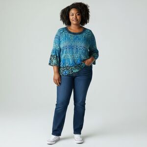 Catherines Micro Pleated Top 3X  (26/28) Stretchy Trumpet Sleeve Beaded Tunic